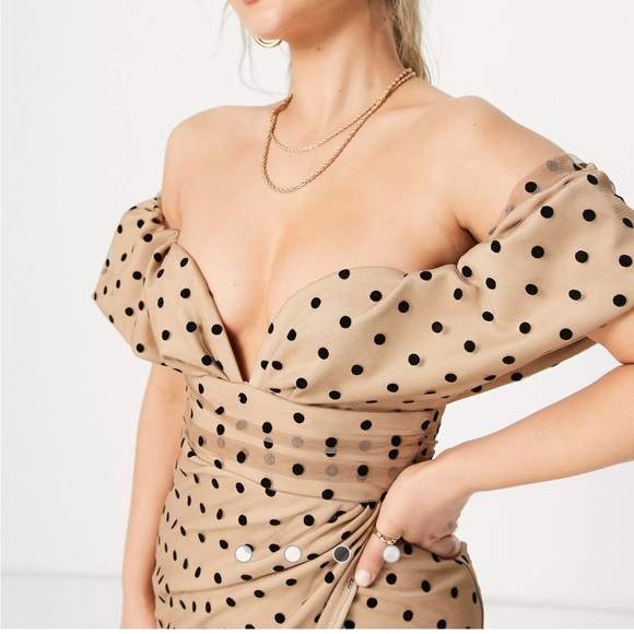ASOS designs spot mesh bar dotmini dress in beige with black polkadots, new - Picture 2 of 10